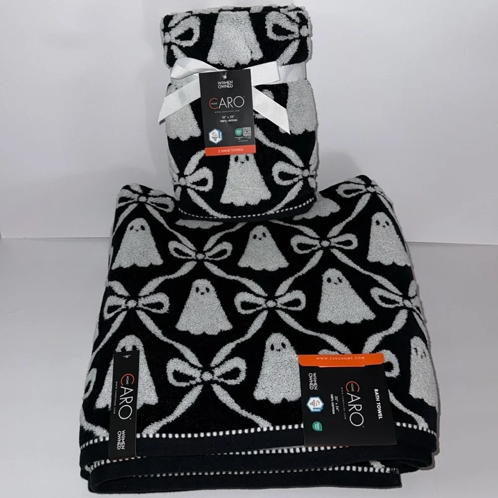 Caro 4 Piece Cotton Bath Towel Set Halloween Black/White Ghosts Bows Ribbons